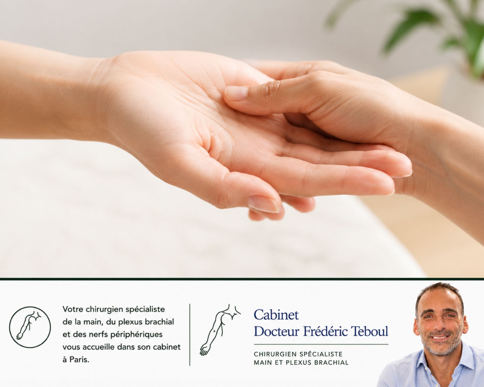 Consultation au cabinet du Dr Frédéric Teboul, évaluation d'une paralysie du membre supérieur avant transfert nerveux — neurotisation par le Dr Frédéric Teboul, chirurgien spécialiste du plexus brachial et des nerfs périphériques à Paris