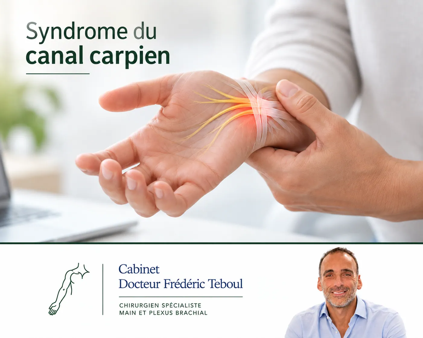 Syndrome du canal carpien : main et poignet avec le trajet du nerf médian et la zone de compression mise en évidence au poignet — Dr Frédéric Teboul, chirurgien spécialiste de la main à Paris